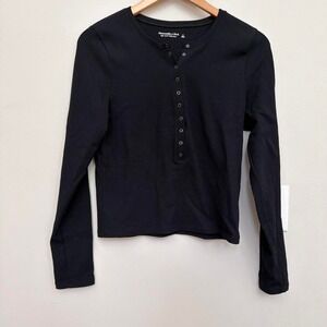 Abercrombie & Fitch Y2K Henley Women's Size L Black Cropped Ribbed Snap Button